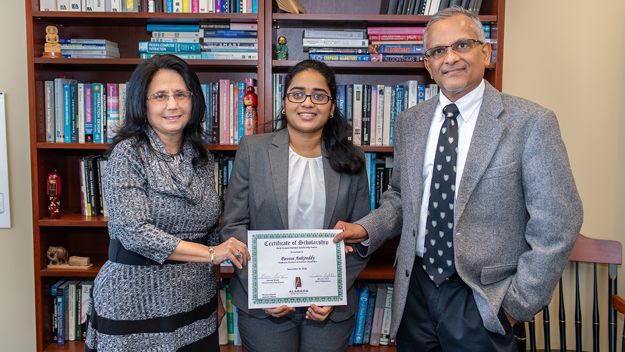 From left: Renee Borg, executive director of the Alabama Technology Foundation, Pavani Ankireddy and Hari Narayanan, chair of the Department of Computer Science and Software Engineering.