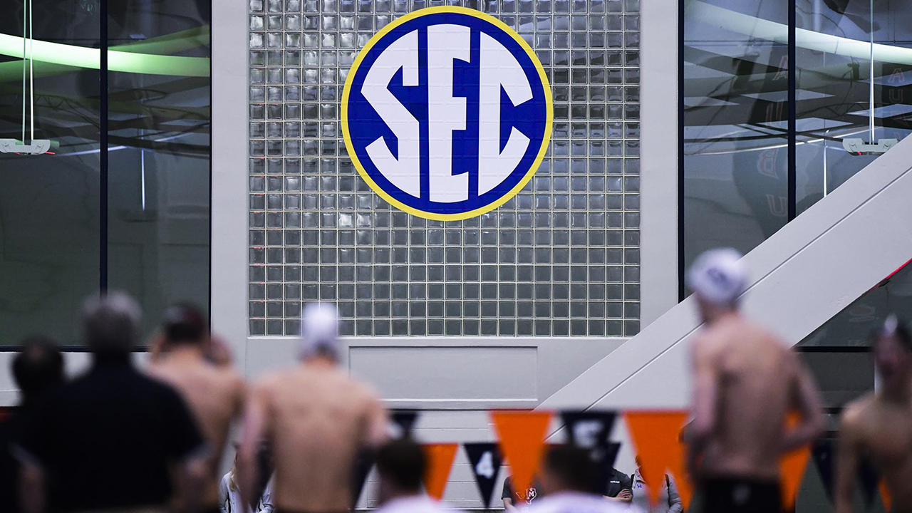 The SEC logo is seen at the 2020 SEC swimming and diving championships.