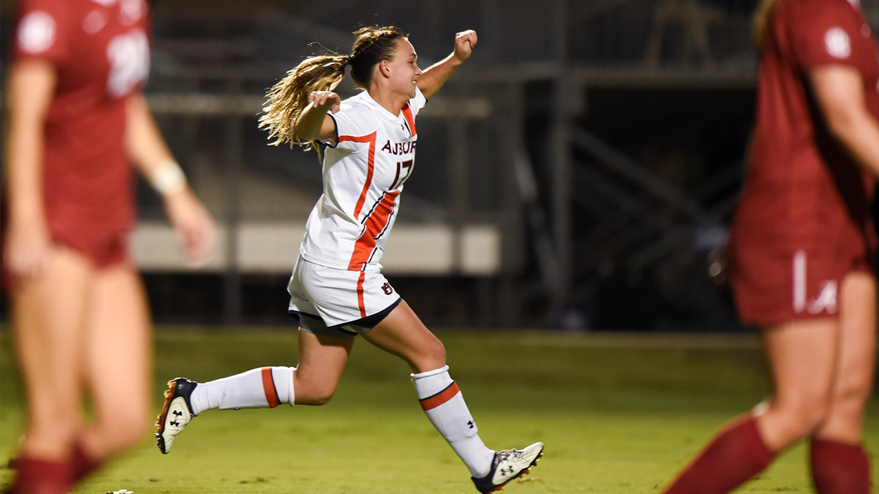 Taylor Troutman, '19 mechanical, celebrates after scoring the game-winning goal in Auburn Soccer's 2015 victory over Alabama.