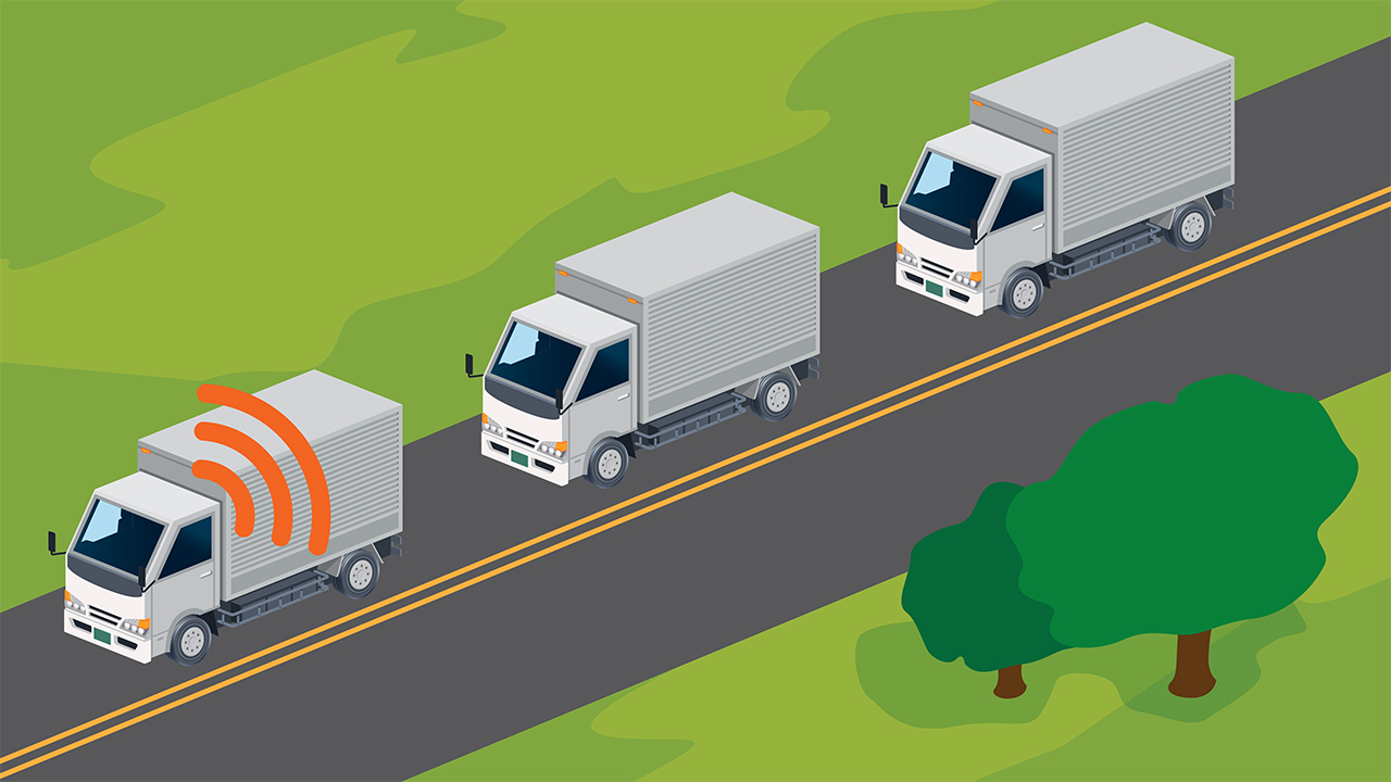 Truck platoons have the potential to increase safety and fuel efficiency. 