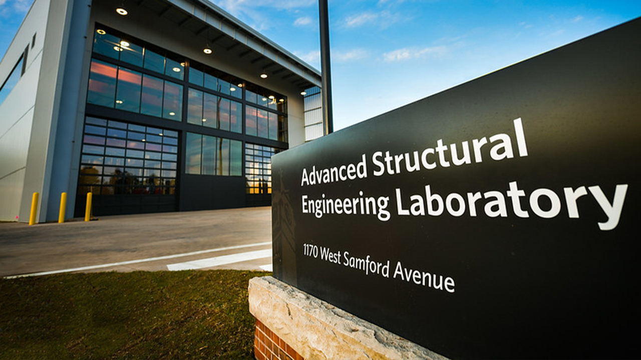 The new Advanced Structural Engineering Laboratory entrance is shown next to its sign. 