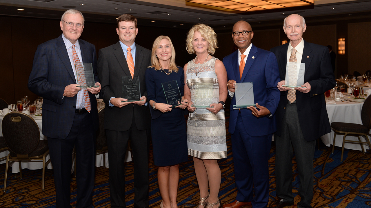 The Auburn Alumni Engineering Council awarded six alumni during its annual honors banquet. Those honored include: (L-R) Joe Cowan, '70 electrical engineering, Distinguished Auburn Engineer; Charles Marsh, '01 civil engineering, Outstanding Young Auburn Engineer; Ashley Robinett, '01 chemical engineering, Outstanding Young Auburn Engineer; Leslee Belluchie, '83 mechanical engineering, Distinguished Auburn Engineer; Kenneth Kelly, '90 electrical engineering, Distinguished Auburn Engineer; and Larry Benefield, '66 civil engineering and dean emeritus, Superior Service.