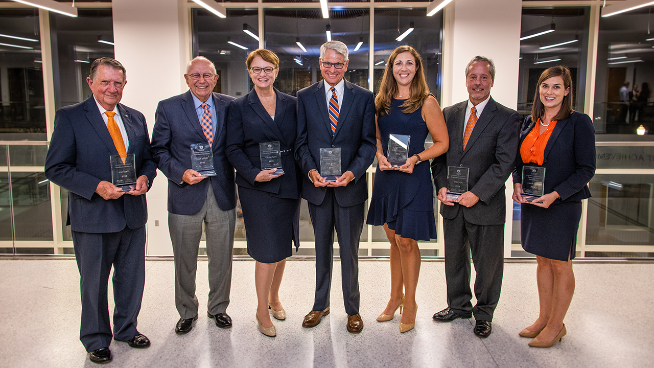 Jim Odom, '55 mechanical engineering, Distinguished Auburn Engineer; Bobby Keith, '63 mechanical engineering, Distinguished Auburn Engineer; Olivia Owen, '77 civil engineering, Distinguished Auburn Engineer; Dan Bush, '72 industrial engineering, Superior Service; Emily Doucette, '06, '08 and '12 aerospace engineering, Outstanding Young Auburn Engineer; Dale York, '76 and '78 civil engineering, Distinguished Auburn Engineer; and Laura Kezar, '08 chemical engineering, Outstanding Young Auburn Engineer.