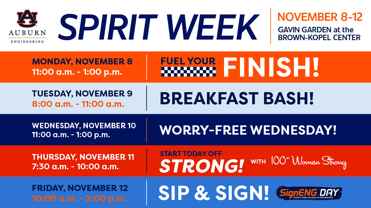 Engineering Spirit Week will feature a week of student-centered support activities sponsored by various student service offices.