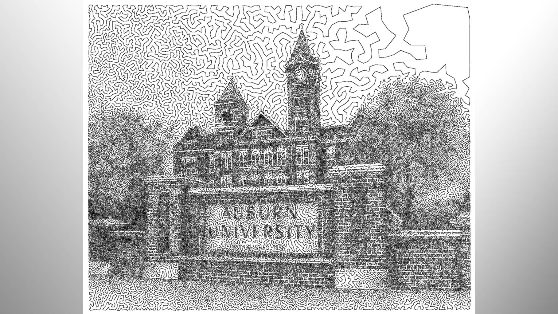 An intricate half-tone image of Auburn’s iconic Samford Hall rendered in a single continuous line produced by Daniel Silva and Alexander Vinel, assistant professors in industrial and systems engineering. The computational tools used to create the image are both widely used operation research algorithms with applications in numerous fields of engineering and science.