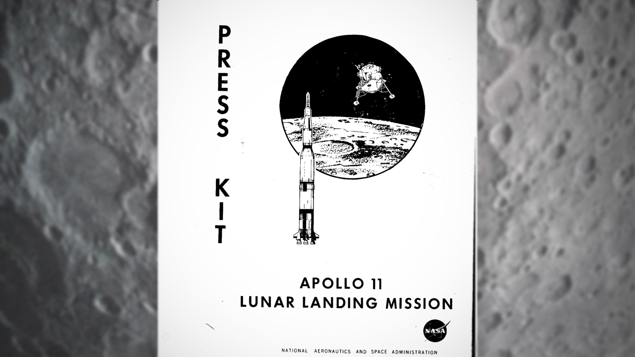 The cover of NASA's official press kit for the Apollo 11 Lunar Landing Mission. 