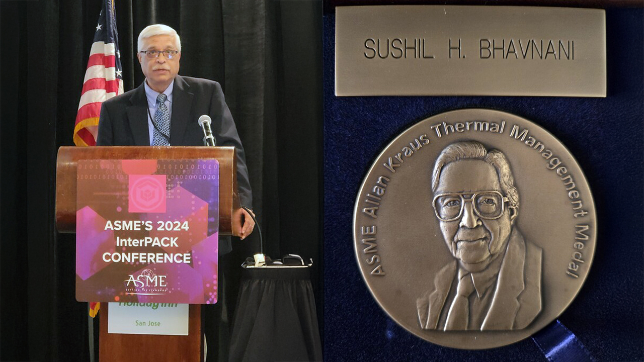 Mechanical engineering professor emeritus Sushil Bhavnani (center) recently received the Allan Kraus Thermal Management Medal at the InterPACK 2024 Conference and Exhibition.