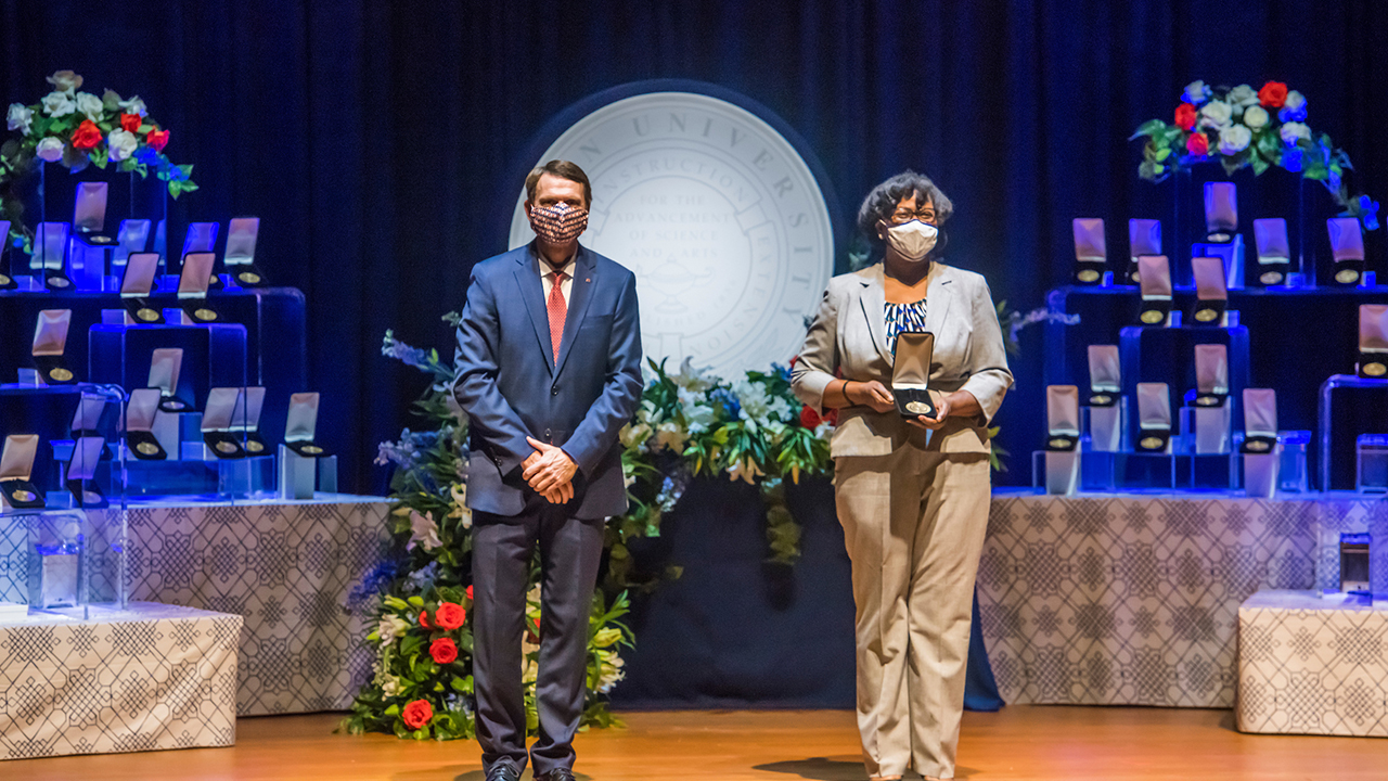 Auburn University Provost Bill Hardgrave (left) and Cheryl Seals at the 2020 Faculty Recognition Ceremony on Nov. 10.