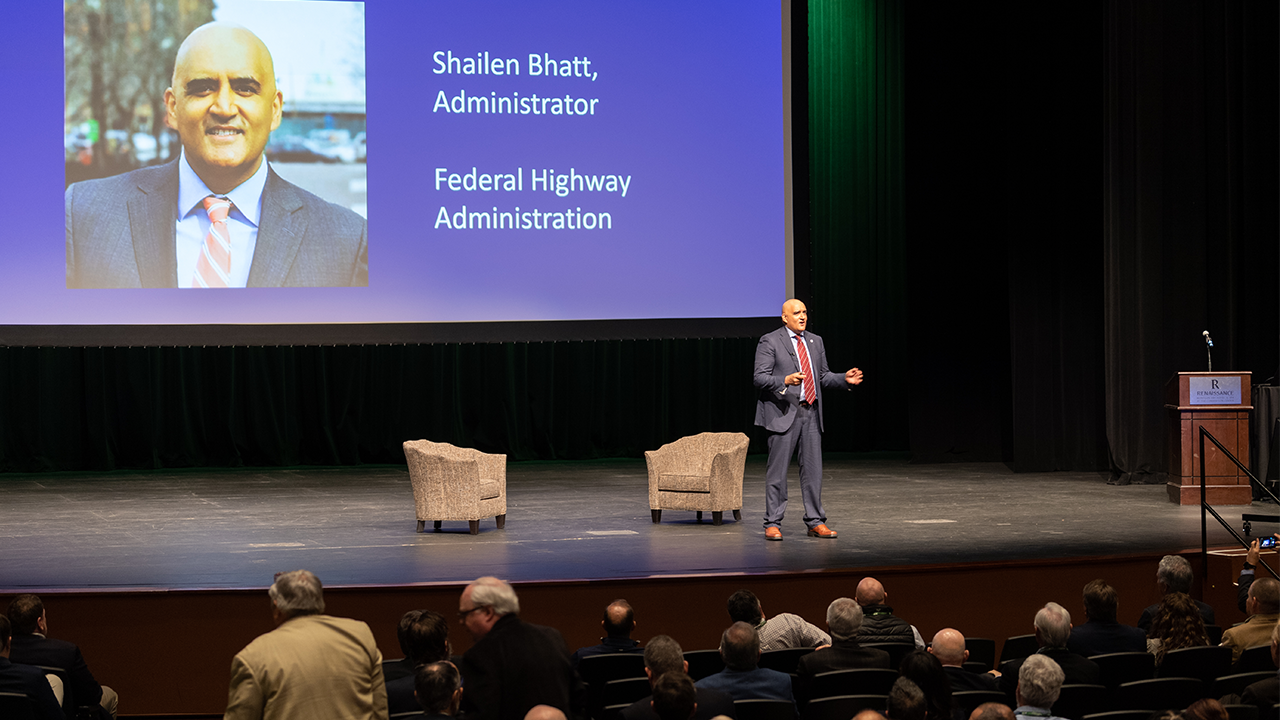 Federal Highway Administration (FHWA) administrator Shailen Bhatt speaks on the Bipartisan Infrastructure Law at the 66th annual Alabama Transportation Conference hosted by Auburn University.