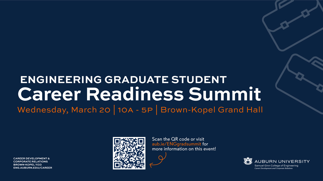 CDCR invites graduate students to join its team of professional career coaches alongside Auburn Engineering alumni and employers at the Engineering Graduate Student Career Readiness Summit, which will take place Wednesday, March 20 from 10 a.m. to 5 p.m. in the Brown-Kopel Center Grand Hall. 