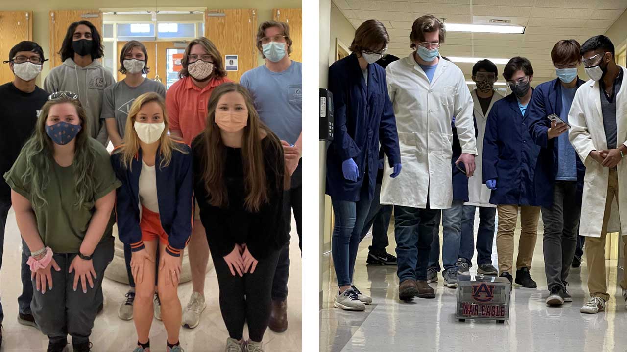 At left is the Auburn University AIChE Jeopardy team. At right, the Chemical Car team completes a test run of their shoe-box sized vehicle, powered and stopped by chemical reactions.