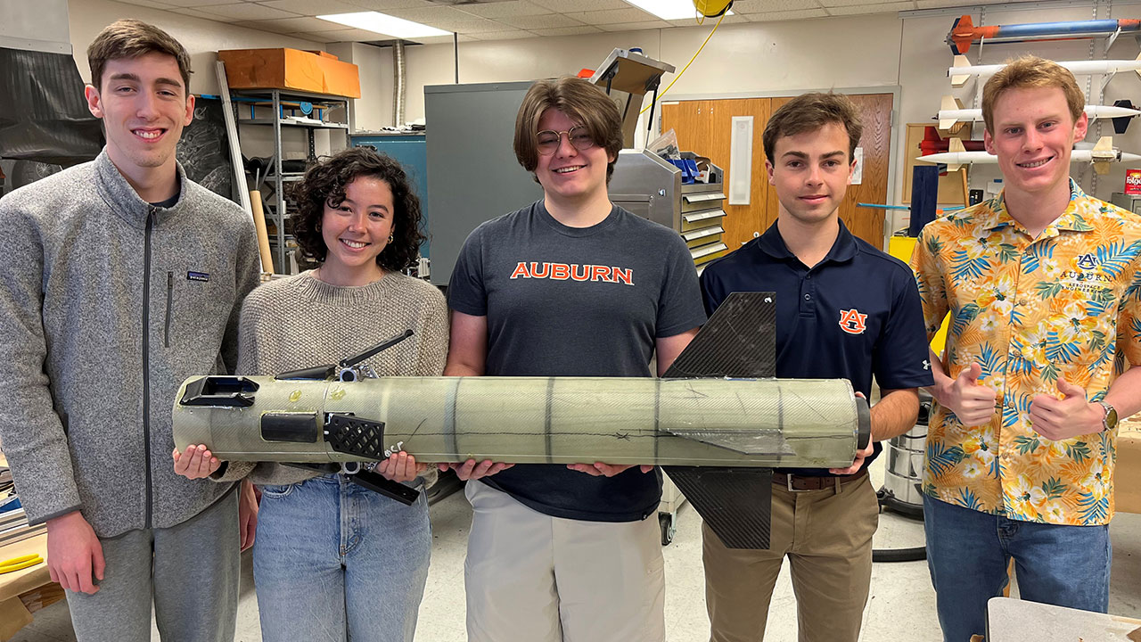 Auburn Rocketry Association team members Colin Bamford, Maggie Nelson, Chase Ferris, Ignacio Castro and Dustin Harris are among students prepared to enter the team's rockets in upcoming competitions, the Argonia Cup and NASA's University Student Launch Initiative.