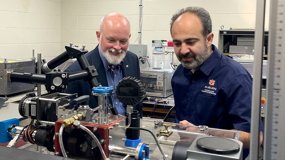 Brock Birdsong, left, director of research at the Auburn University Applied Research Institute, and Masoud Mahjouri-Samani, associate professor of electrical and computer engineering.