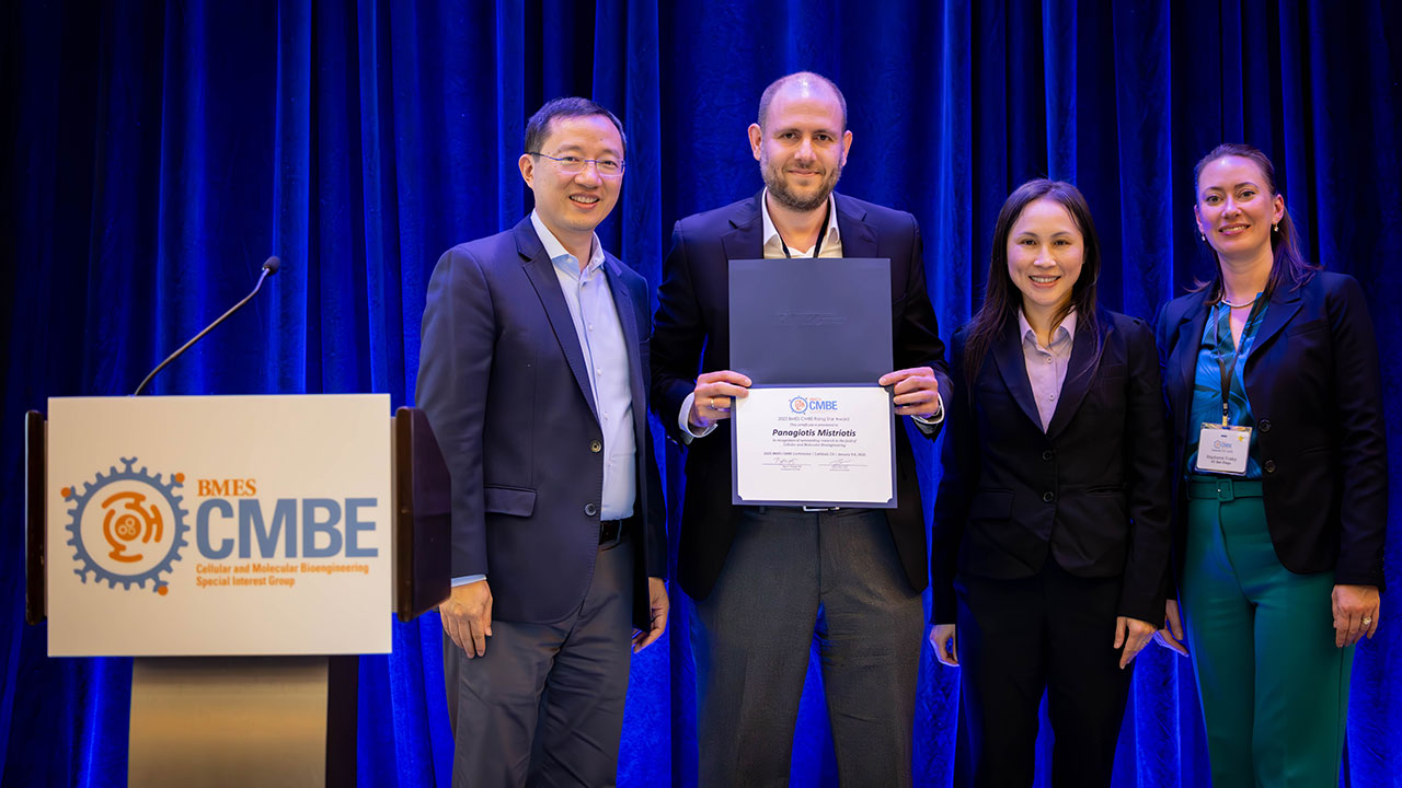 Panagiotis Mistriotis (second from left), received the 2025 Biomedical Engineering Society-Cellular and Molecular Bioengineering Rising Star Junior Faculty Award at its annual conference on Jan. 5 in Carlsbad, California. (Photo courtesy of Tianze Guo)