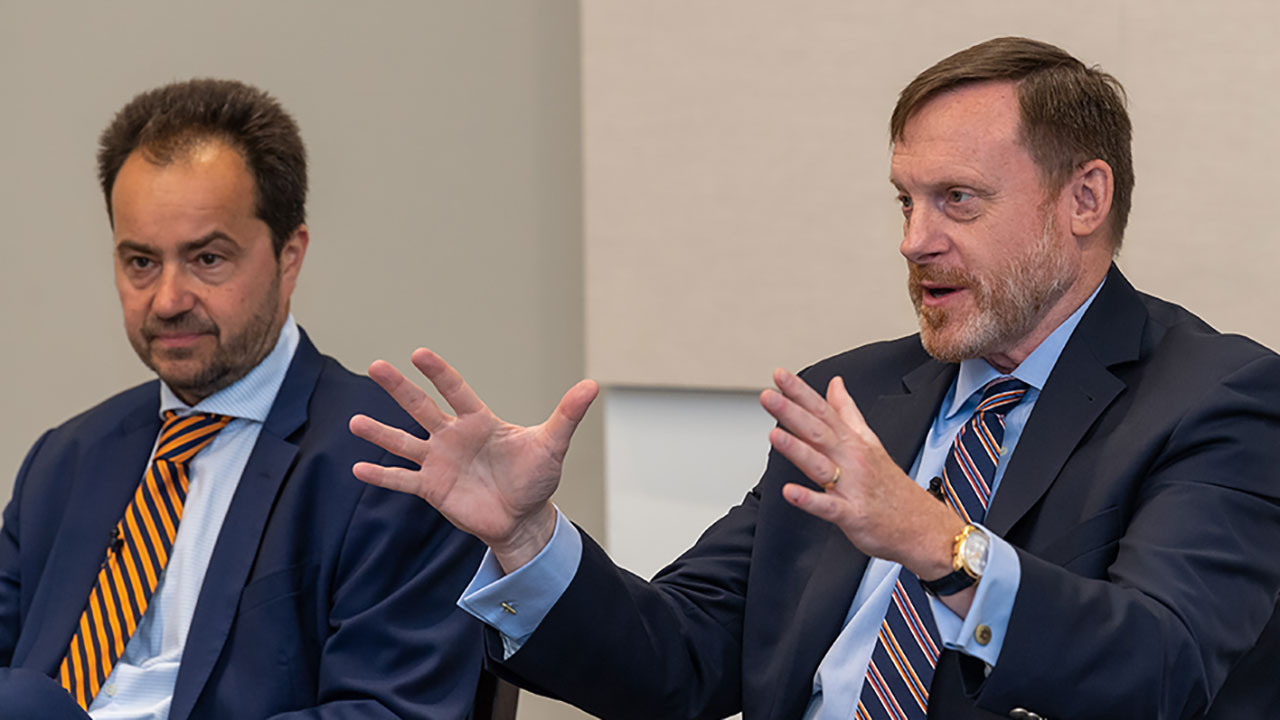 Admiral Michael Rogers, right, former NSA director and U.S. Cyber Command director, and Frank Cilluffo, director of the McCrary Institute for Cyber and Critical Infrastructure Security.