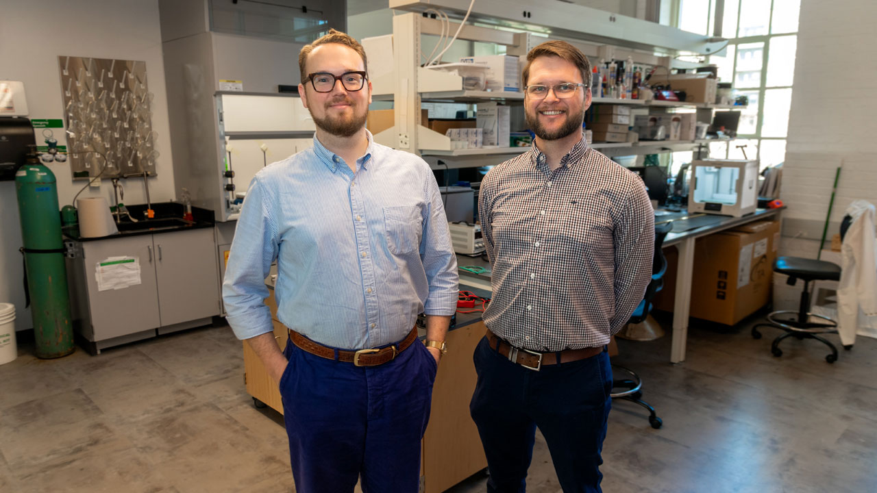 Chad Rose, left, assistant professor in mechanical engineering, and Russell Mailen, assistant professor in aerospace engineering.