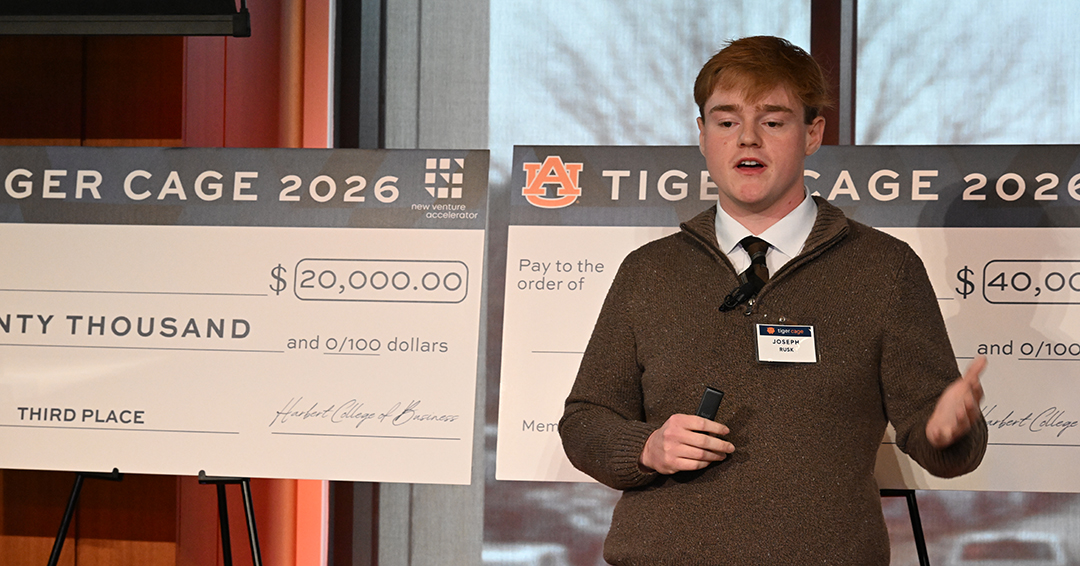 Joseph Rusk, shown here in the Tiger Cage pitch competition, won $75,000 on Thursday, May 7, at Alabama Launchpad.