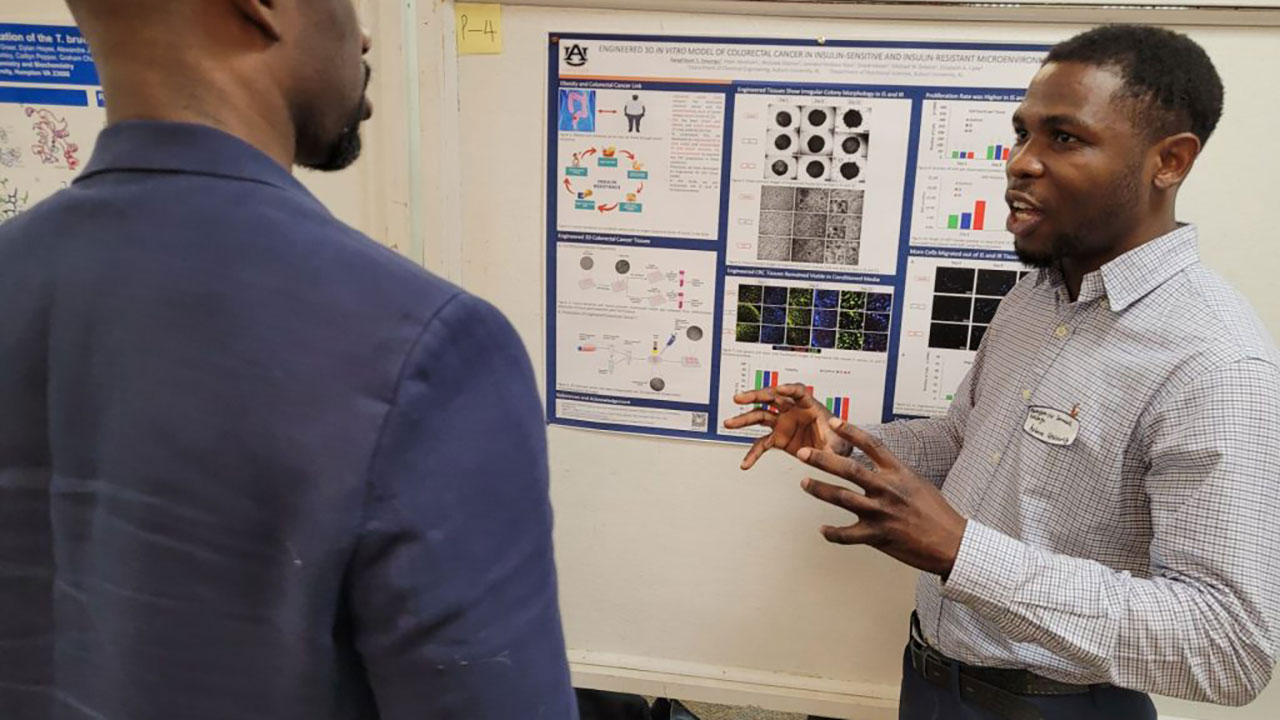 Kwaghtaver Samuel Desongu explains his presentation, "Engineered 3D In Vitro Model of Colorectal Cancer in Insulin-Sensitive and Insulin-Resistant Microenvironments."