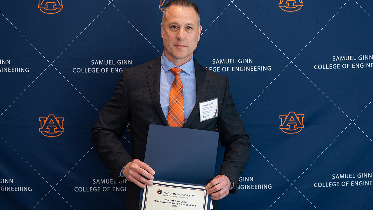 Richard Sesek, the Tim Cook Associate Professor in the Department of Industrial and Systems Engineering, was recently awarded the William F. Walker Teaching Merit Award from the Samuel Ginn College of Engineering and the Outstanding Graduate Mentor Award from the Auburn University Graduate Student Council. 