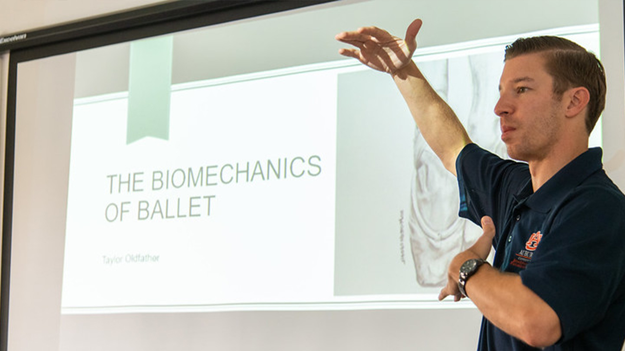  Michael Zabala, assistant professor of mechanical engineering, lectures during the 2019 "Biomechanics and Engineering in the Arts" study abroad program in Florence, Italy.