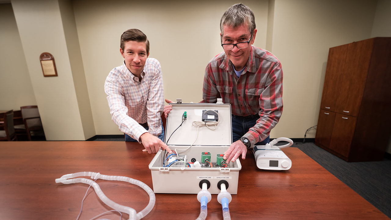 Michael Zabala and Tom Burch, faculty in the Samuel Ginn College of Engineering’s Department of Mechanical Engineering, and Hayden Burch, a sophomore in mechanical engineering, helped design RE-INVENT, an accessory that would safely repurpose a CPAP into a functional ventilator. 