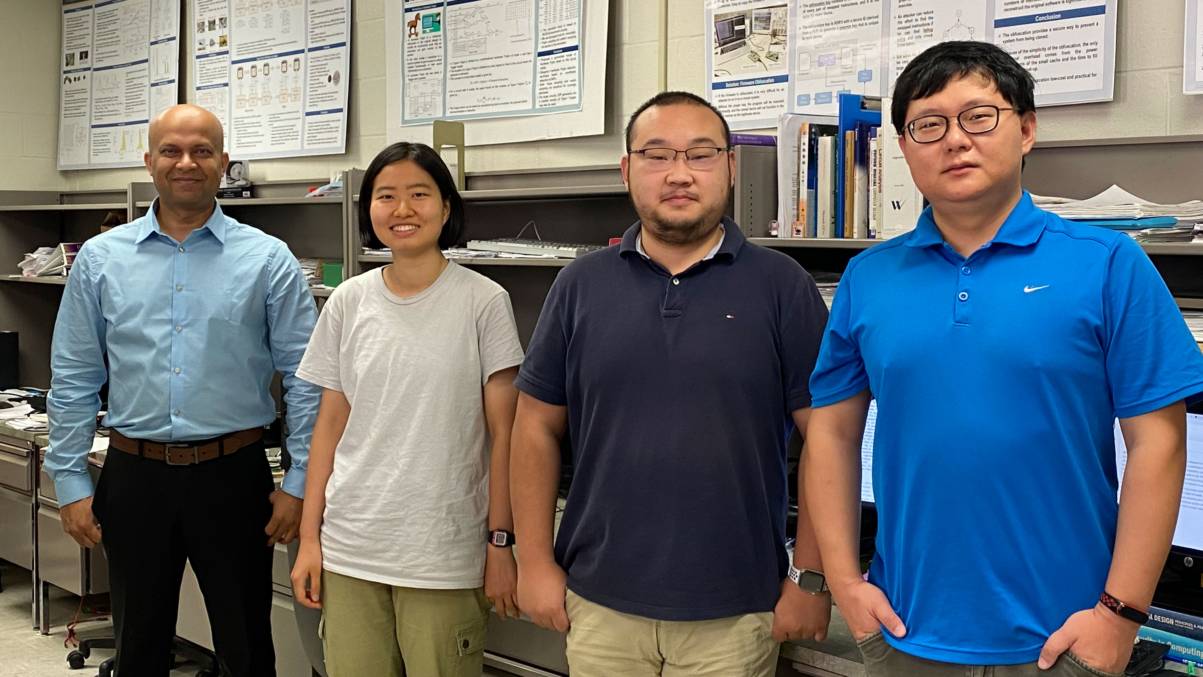Dr. Ujjwal Guin, assistant professor in electrical and computer engineering, with graduate students Yadi Zhong, Yuqiao Zhang, and Ziqi Zhou.