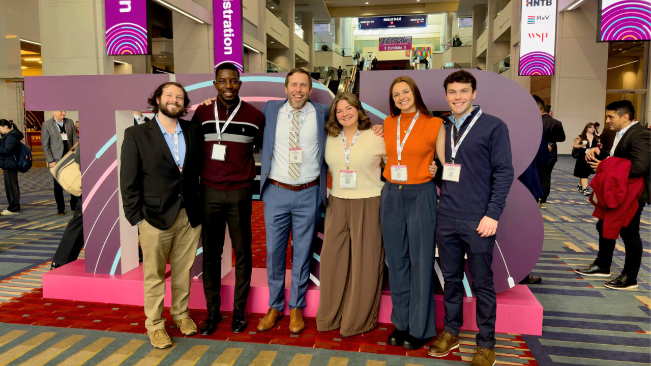 NCAT faculty, graduate students and alumni pose for a group photo at the TRB Annual Meeting, pictured left to right: Kevin Ambrose, Pascal Obeng, Ben Bowers, Elizabeth Turochy, Juliana Wood, and Zane Hargett.
