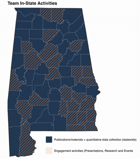 Map highlighting the Alabama counties that AURPI has had an impact in
