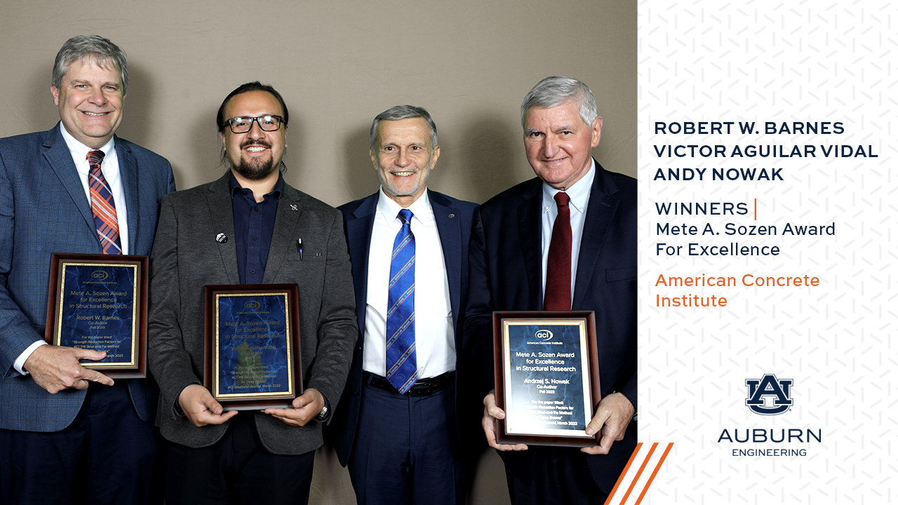 More than 2,500 concrete industry professionals and students from around the world recently convened at the ACI Concrete Convention in Boston, where ACI President Antonio Nanni (third from left) presented Robbie Barnes, Victor Aguilar Vidal and Andy Nowak with the the Mete A. Sozen Award for Excellence in Structural Research.  