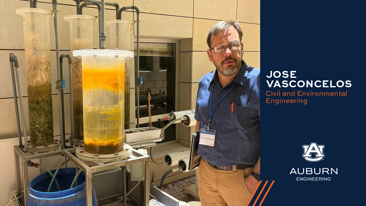 Jose Vasconcelos examines batch reactors used to treat and reclaim water at the Ben Gurion University of the Negev.