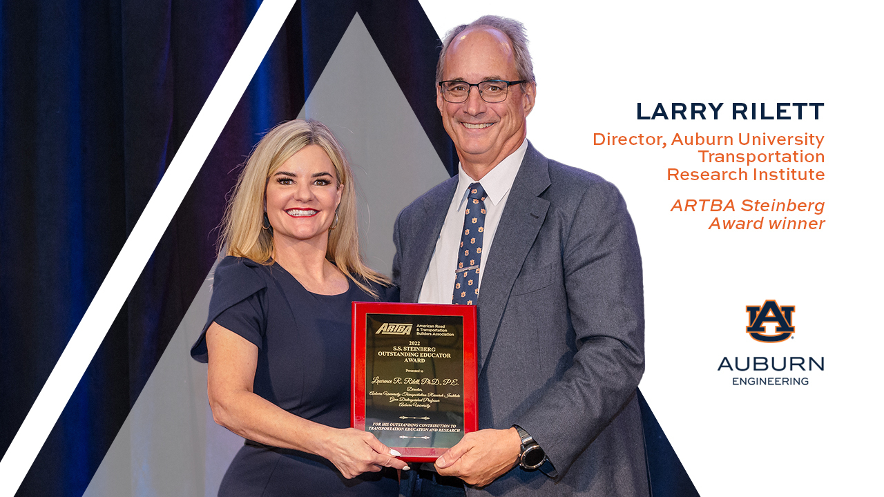 ARTBA Research and Education Division director Karen Philbrick (left) presented the ARTBA Steinberg Award to AUTRI director Larry Rilett during the ARTBA Award Luncheon in La Jolla, California on Sept. 11.  Philbrick is the Executive Director of the Mineta Transportation Institute (MTI) at San José State University.