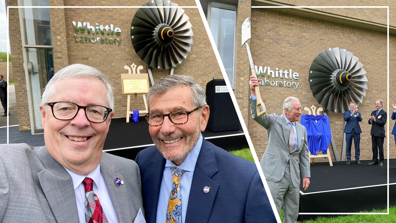 1969 aerospace engineering graduate Ed Waggoner (middle, splendid tie) poses at the May 9 groundbreaking on the new £58 million addition to the University of Cambridge's famed Whittle Laboratory.