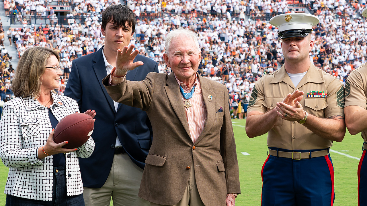 Medal of Honor recipient Maj. Gen. James E. Livingston was honored as the Gameday Hero during the Tigers’ football game versus California on Sept. 7. (photo courtesy of Luke Allen/Auburn Tigers)