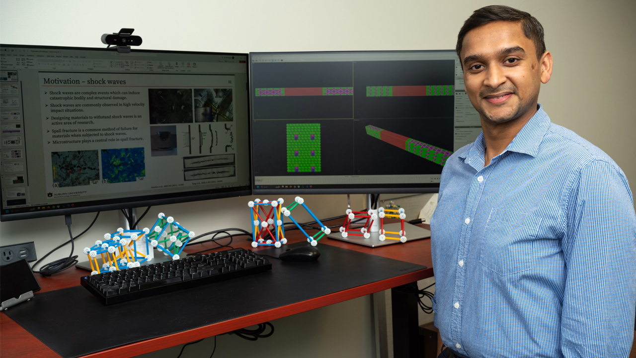 Vinamra Agrawal, assistant professor in the Department of Aerospace Engineering, shows his research that helped earn him a NSF CAREER award to study stable nanocrystalline alloys and their performance in harsh environments.
