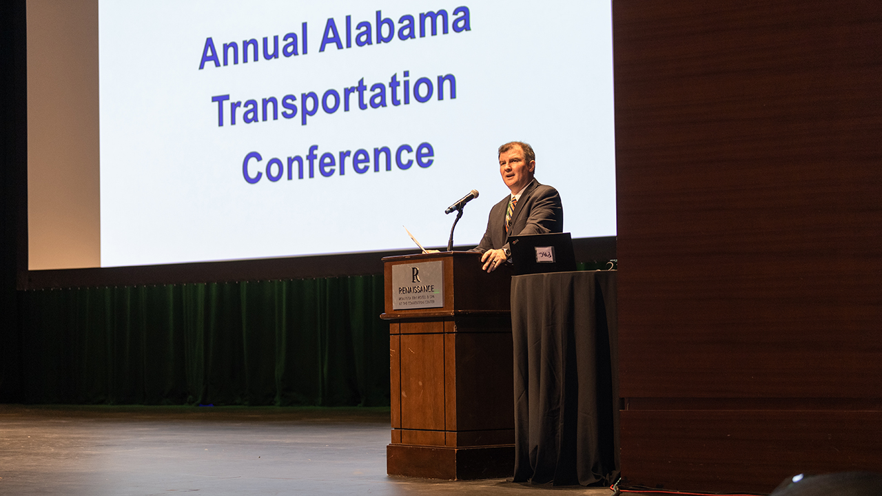 Anton Schindler, the Mountain Spirit Professor of Civil and Environmental engineering and director of the Auburn University Highway Research Center, speaks at the 66th Alabama Transportation Conference in 2023. 