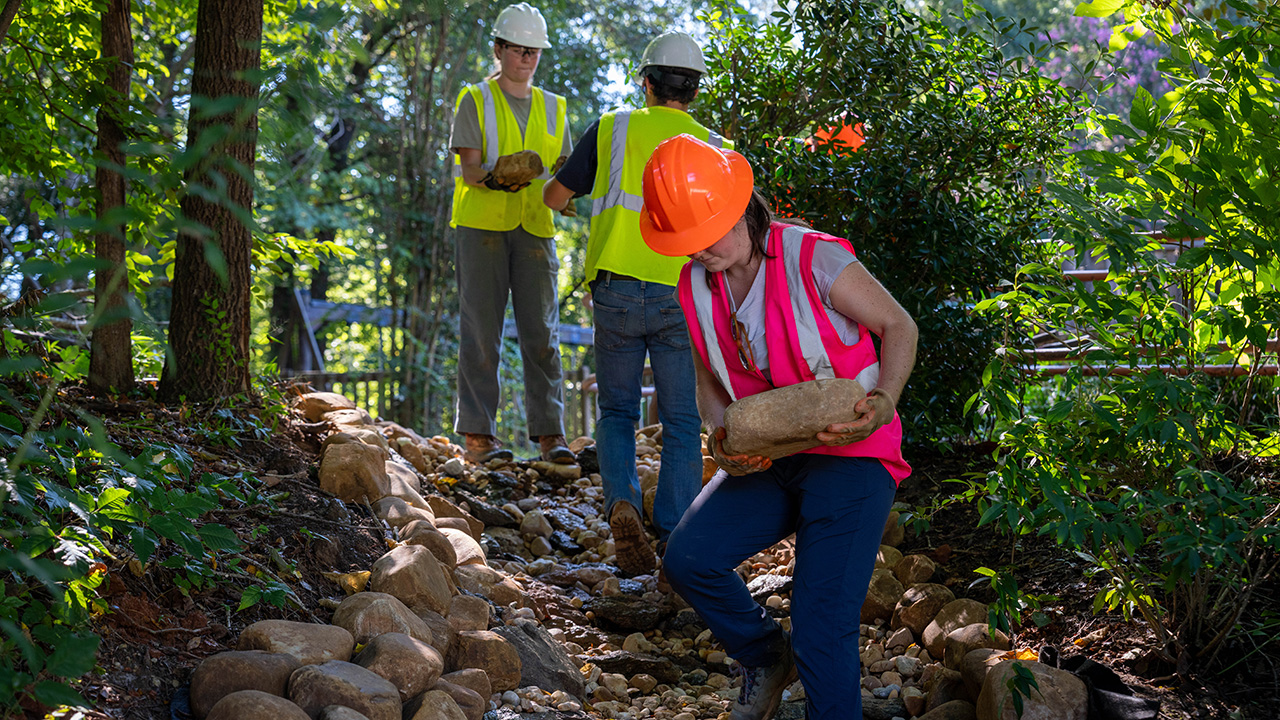 Graduate students in the Auburn University - Stormwater Research Facility place rocks to stabilize a streambank at Hickory Dickory Park in Auburn as part of a project to reduce erosion and improve water quality.