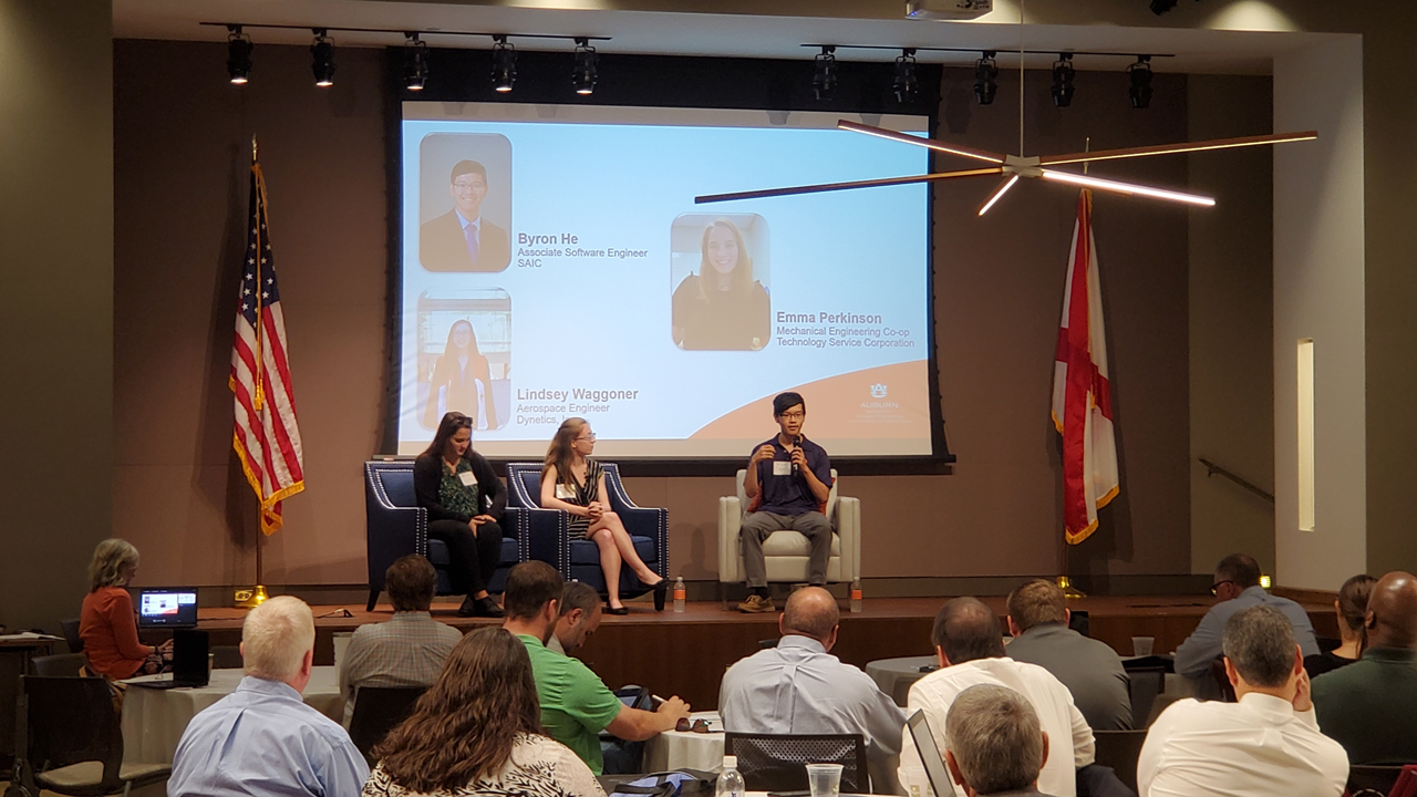 Current and former Auburn Engineering students participate on a panel discussing their experience searching for a job. From left, co-op student Emma Perkinson, Lindsey Waggoner '21 and Byron He '20.