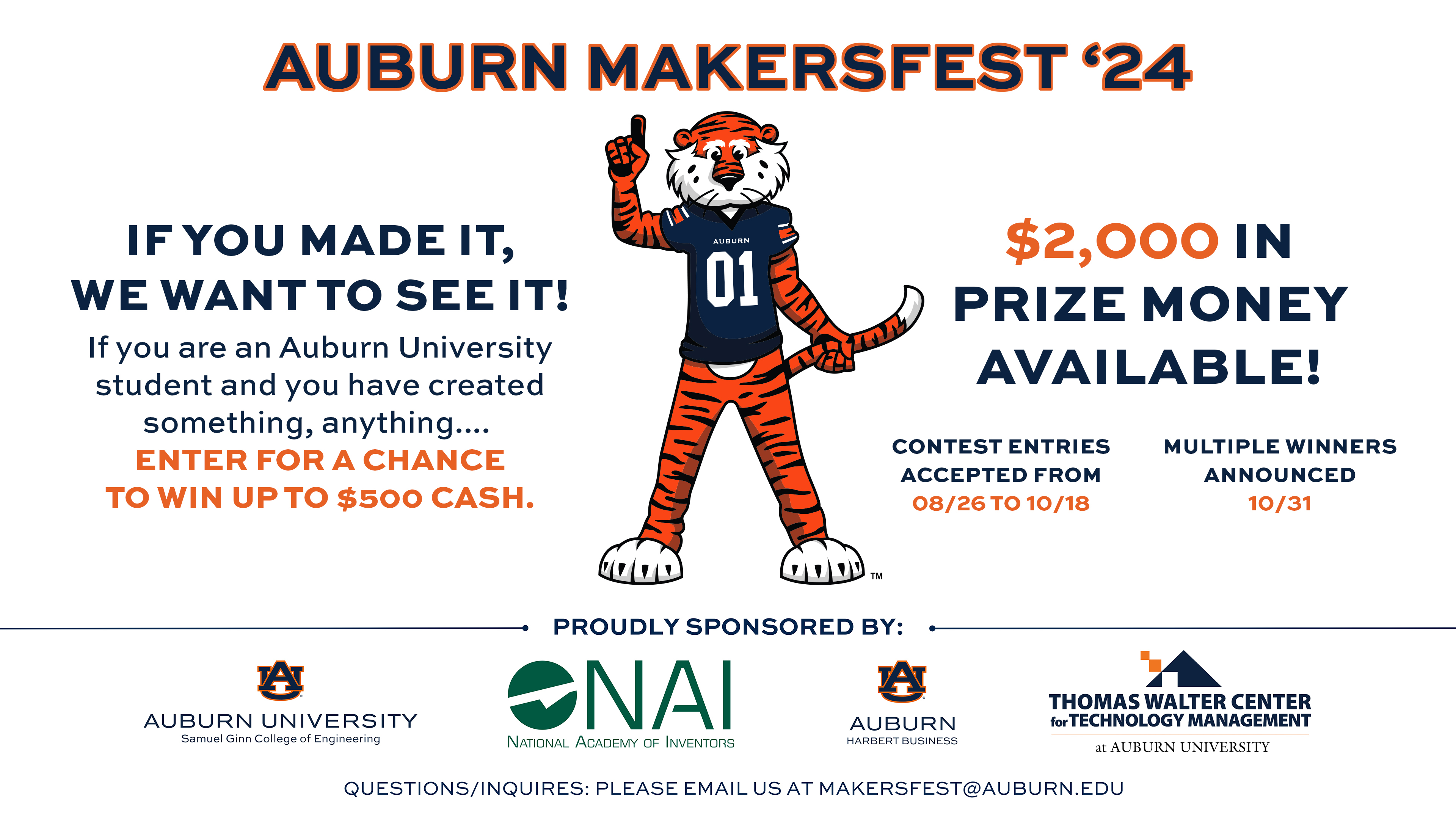    Auburn Makersfest 2024 is offering $2,000 in prize money to any Auburn student who has developed a product, written a song, or composed a poem – anything that was created – during a competition meant to stimulate creative thinking.