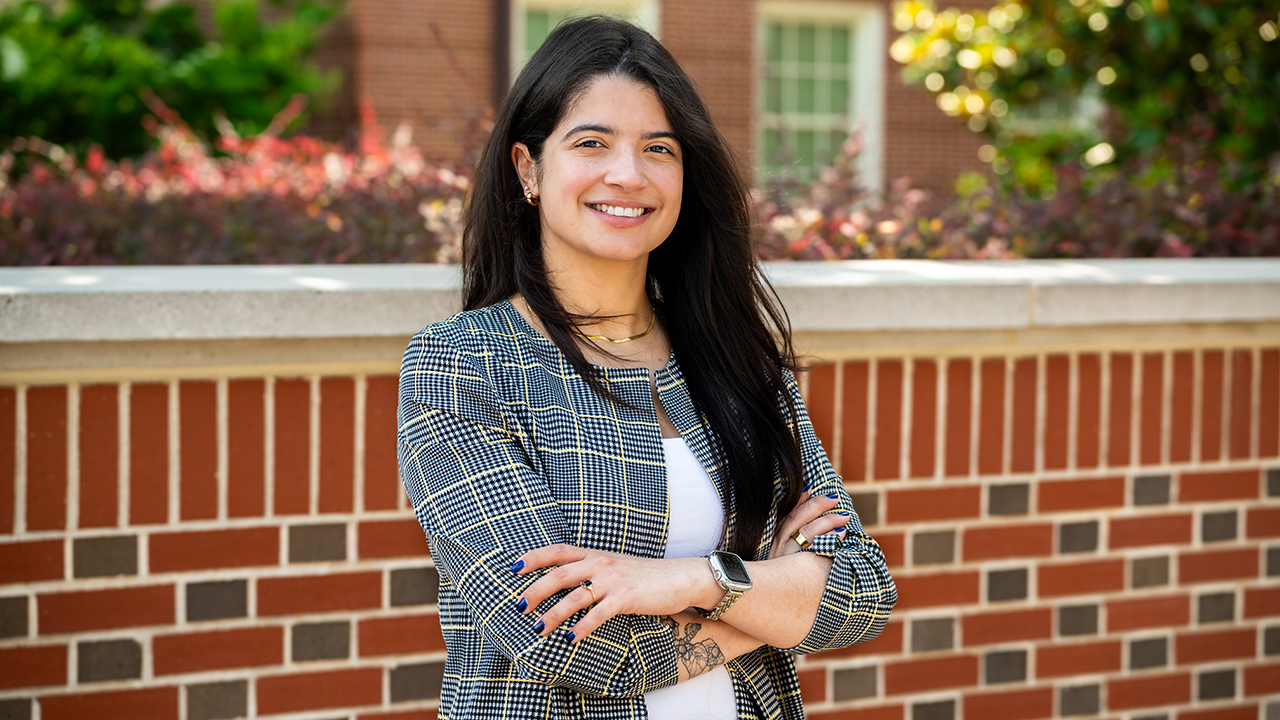 Nora Lopez Rivera, doctoral student in the Department of Civil and Environmental Engineering, poses for a photo on Auburn University's campus. 