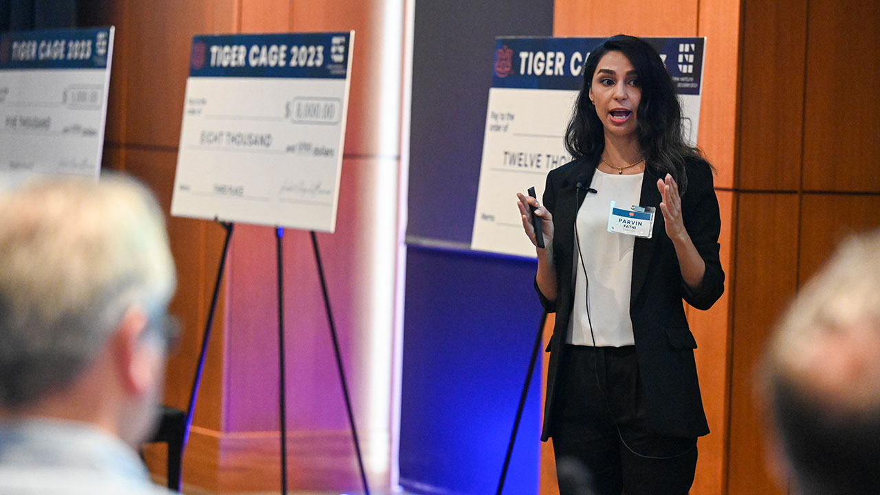 Parvin Fathi-Hafshejani makes her business pitch before industry professional judges during the Tiger Cage final round on Friday, March 31.