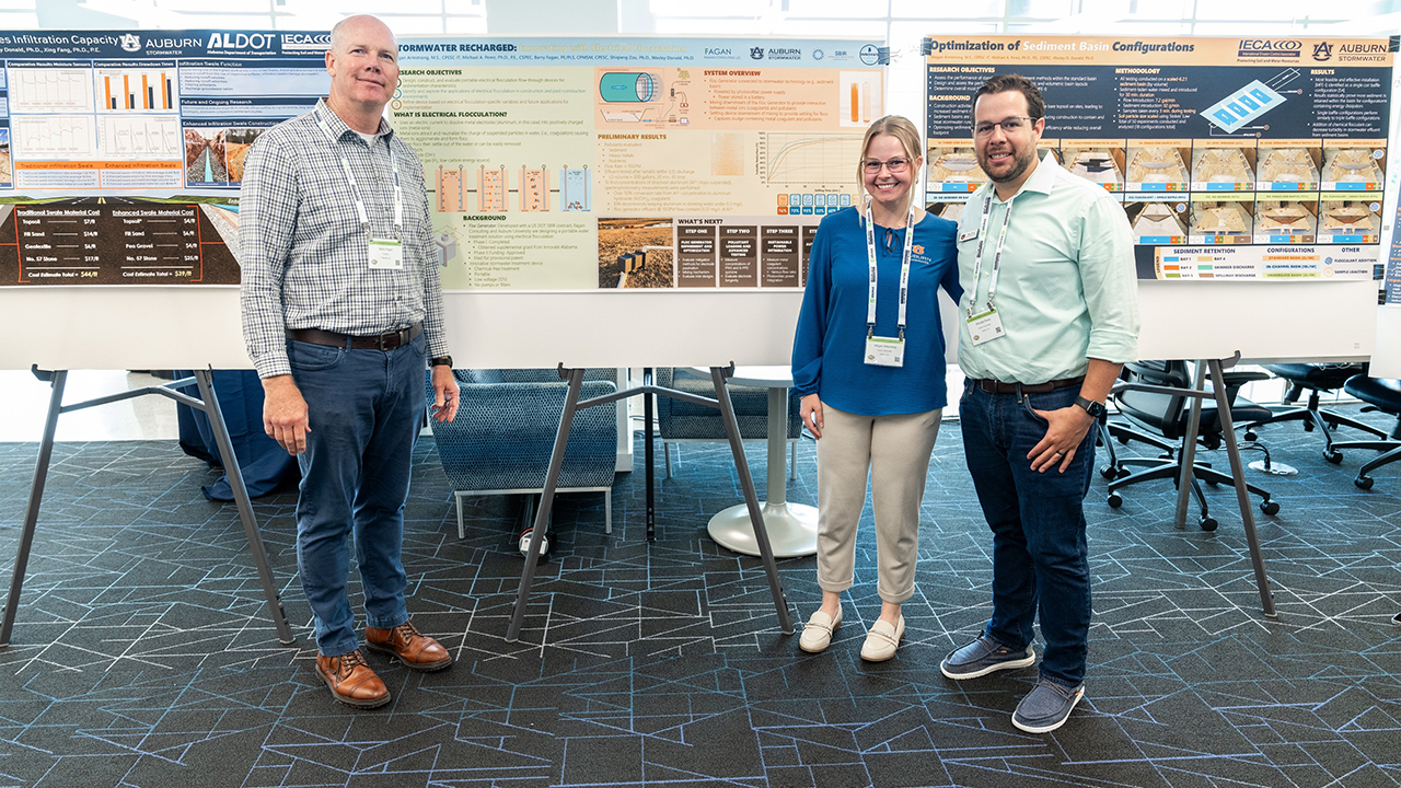 Barry Fagan (left), owner of Fagan Consulting of Prattville, poses for a photo with Megan Armstrong, a civil and environmental engineering graduate student (middle), and Michael Perez, director of the Stormwater Research Facility and Brasfield & Gorrie associate professor in the Department of Civil and Environmental Engineering (right), during a poster presentation for their portable, self-contained stormwater treatment device to treat stormwater runoff and protect the waters of Alabama and the U.S. 