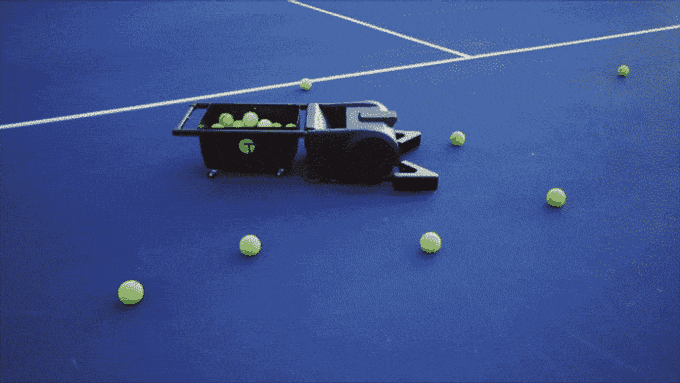 Tennibot roams the court picking up balls
