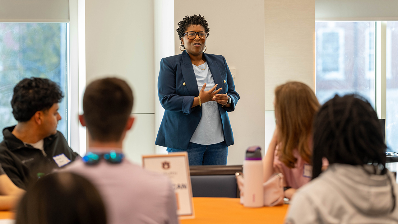 Tamara McClain, director of the Center for Inspiring Engineering Excellence, speaks to engineering students during the 6th annual Industry Super Bowl on Sunday, Feb. 2, 2025. 