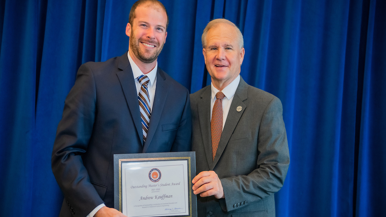 Andrew Kauffman, a graduate student in the Department of Industrial and Systems Engineering, was recently recognized as one of Auburn University’s outstanding master’s students for 2021-2022. He received the award at the Graduate Awards Ceremony on April 18.