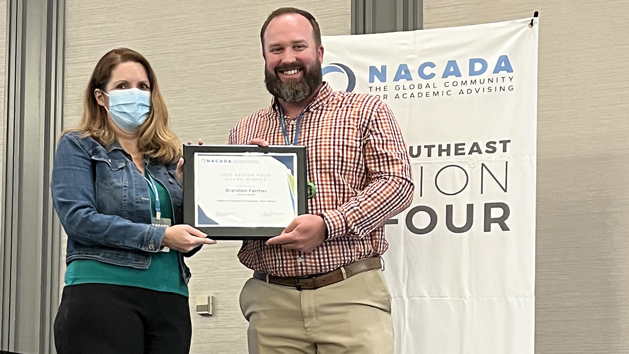 Branden Farmer, student services coordinator in the Department of Industrial and Systems Engineering, was presented with the Excellence in Advising award at the regional NACADA conference in Atlanta, Ga., on April 11.