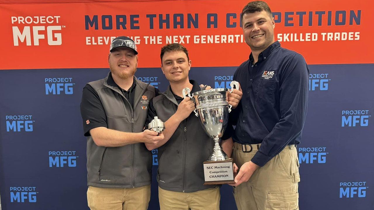 Josh Whiting, Johnathan Deery, and David Neff manufactured a functional gearbox under tight time constraints at the 3rd Annual Project MFG SEC Machining Competition.