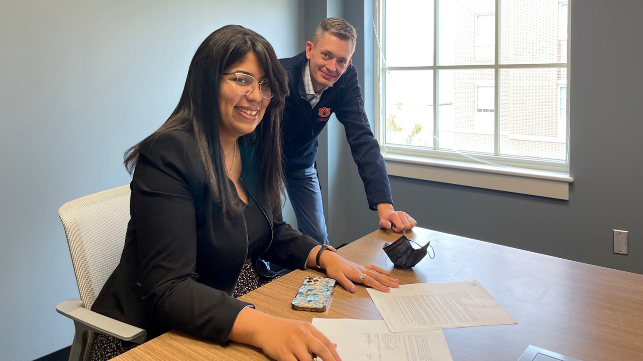 Acosta-Sojo, pictured with associate professor Mark Schall, accepted the position in the Department of Industrial and Systems Engineering because she felt it was the right fit for her current goals and interests. 