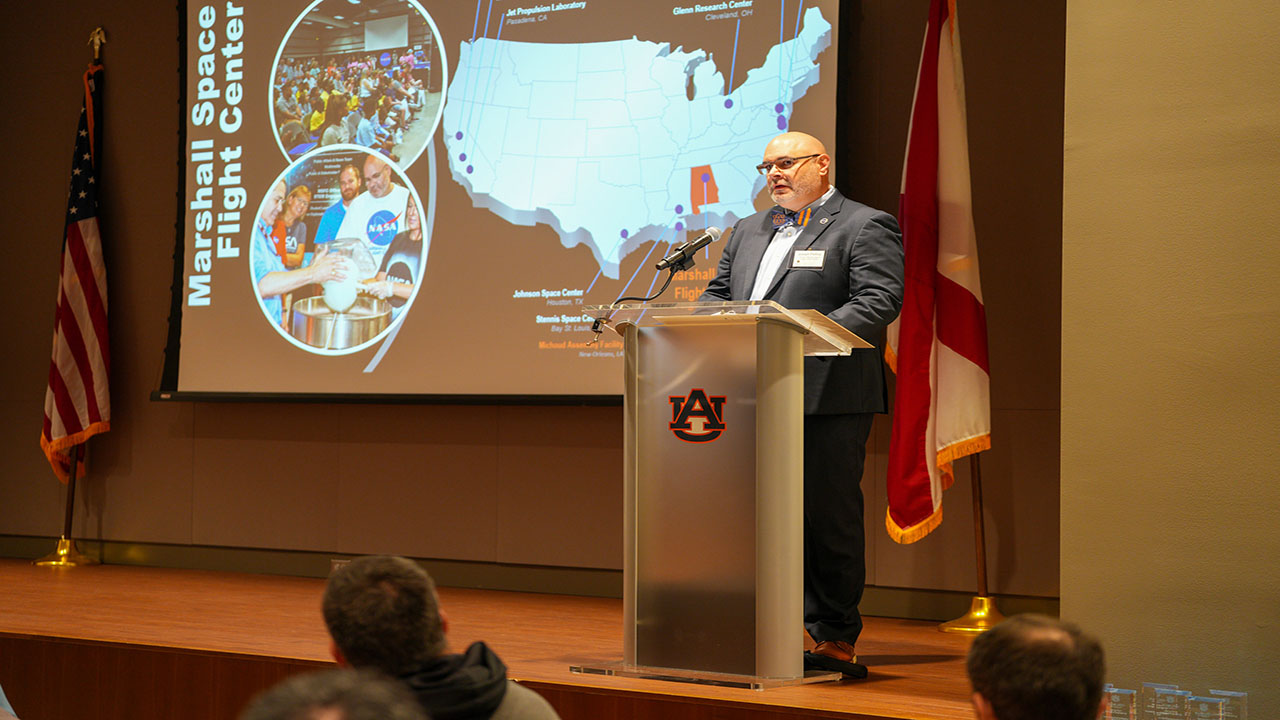 Joseph Pelfrey, director the NASA Marshall Flight Center, was keynote speaker at the Graduate Engineering Research Showcase in Huntsville on March 26.
