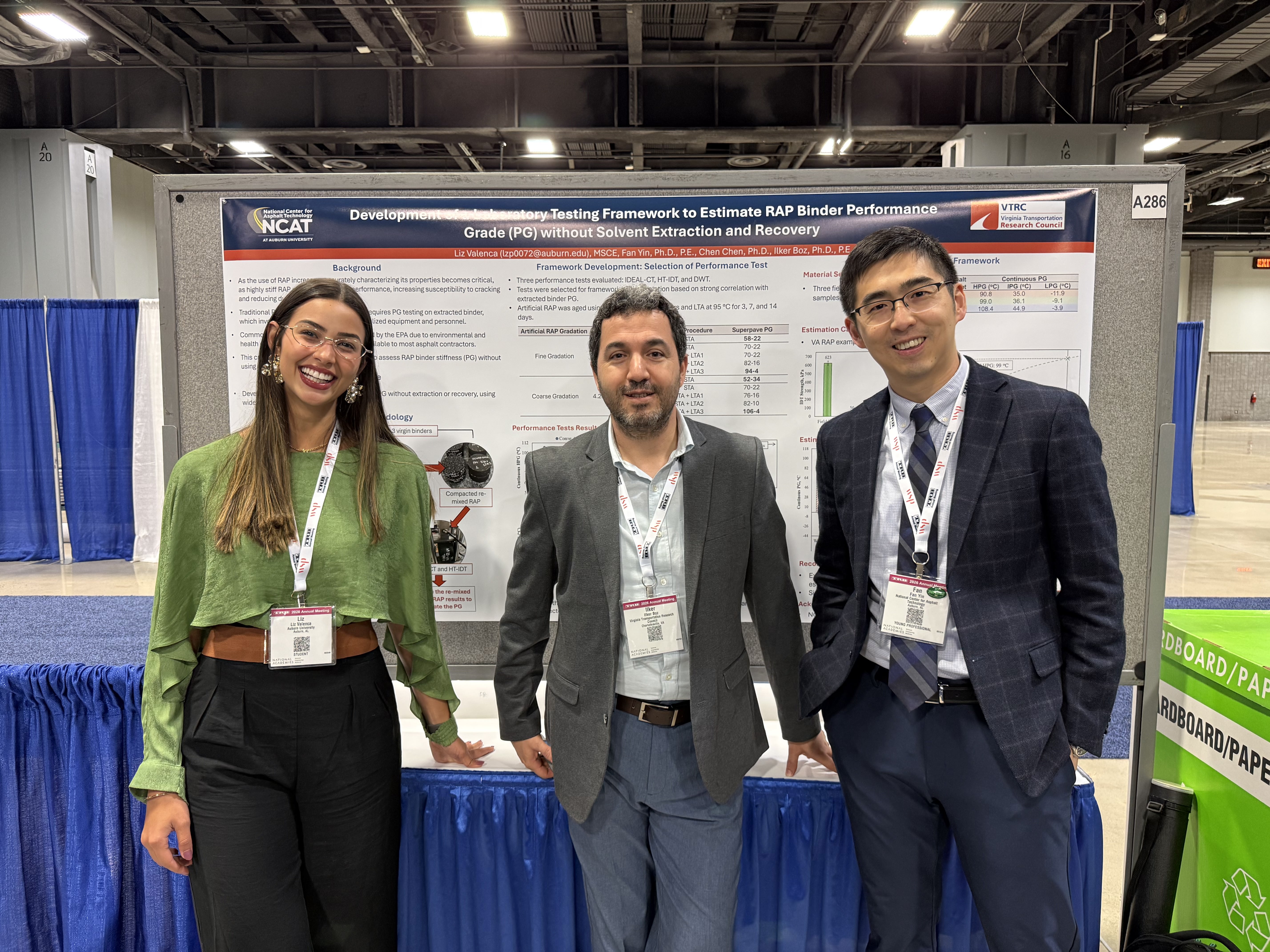 NCAT graduate student Liz Valenca with advisor Fan Yin and Ilker Boz of the Virginia Transportation Research Council beside her research poster at the TRB Annual Meeting.