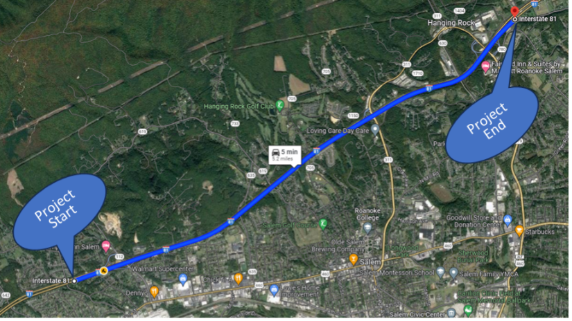 Figure 1b. I-81 widening project in Roanoke County, Virginia, geographic location of the project.